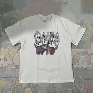 Ganni Purple Kitten White Round Neck Short Sleeves